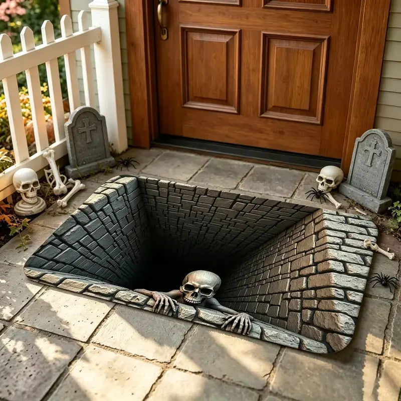 💀 3D Halloween Optical Illusion Door Mat – Spooky Non-Slip Entryway Rug