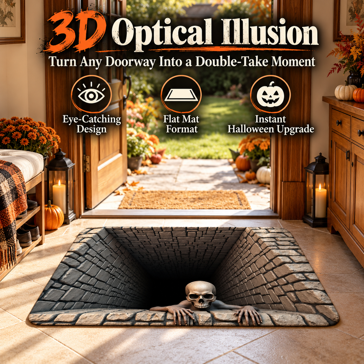 💀 3D Halloween Optical Illusion Door Mat – Spooky Non-Slip Entryway Rug