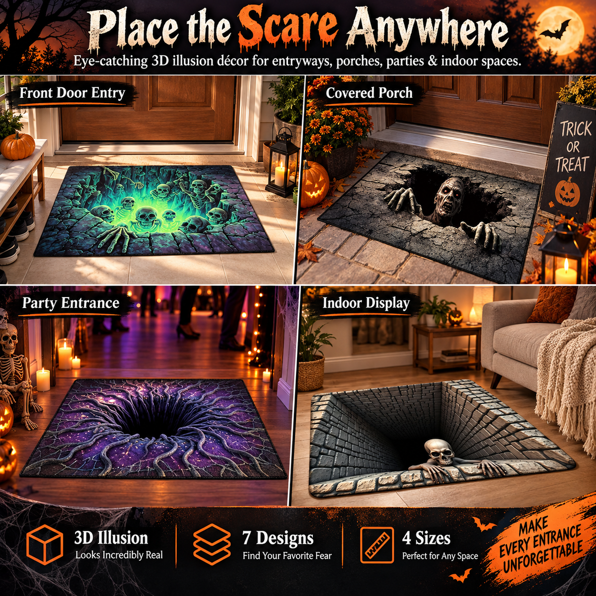 💀 3D Halloween Optical Illusion Door Mat – Spooky Non-Slip Entryway Rug